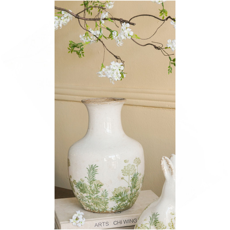 Vase en céramique 7 x 7 x 10 po avec finition blanche et motifs botaniques verts