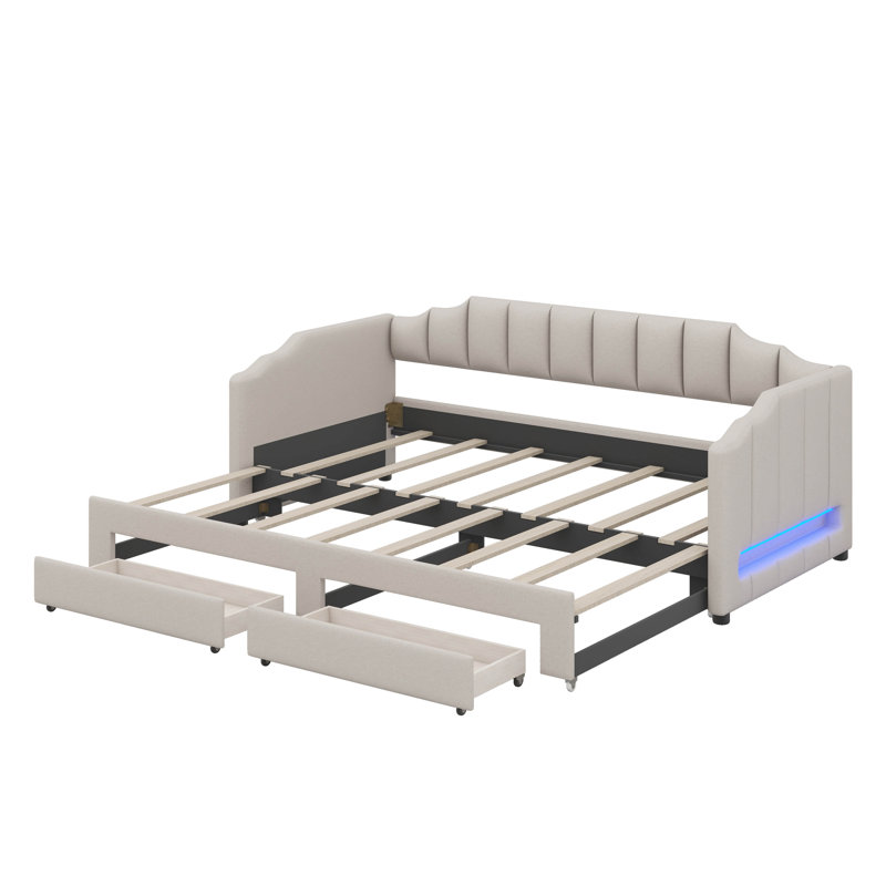 Lit de jour simple TG avec compartiment intégré et couchette coulissante, lit de jour rembourré avec système d'éclairage à DEL