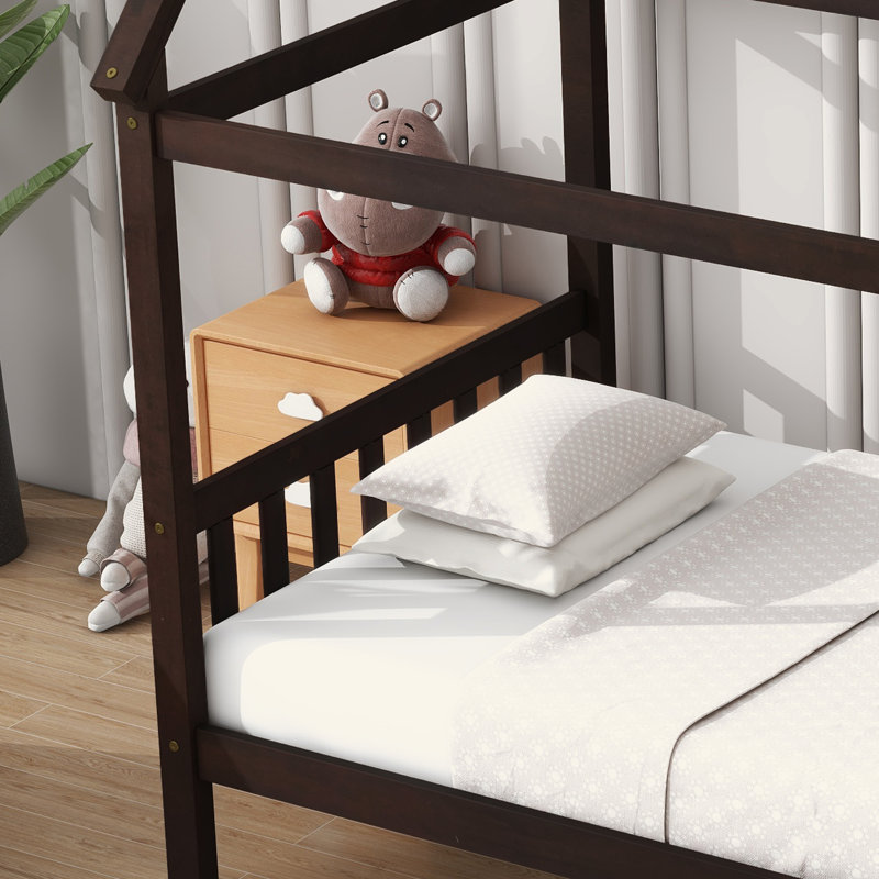 House Bed With Headboard And Footboard, Twin Rubber Wood Bed With House Frame, Espresso