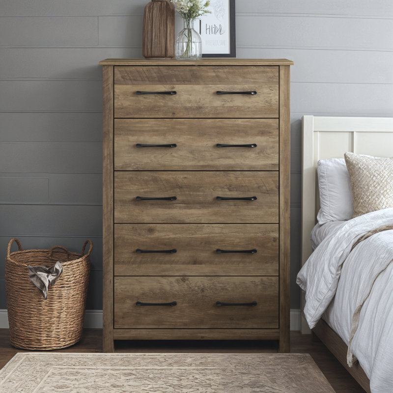 Commode 5 tiroirs H 46,7 po Walter, Chêne noueux