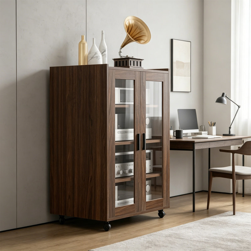 Media Storage Cabinet, Audio-Video Media Stand, 4-Shelf Adjustable Stereo Cabinet with Glass Doors, Brown, Brown/Black