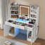 Bureau de coiffeuse avec miroir lumineux et prise de courant, coiffeuse avec 3 tiroirs, 6 tablettes et 2 armoires, coiffeuse de table en verre trempé avec lumières DEL pour la chambre à coucher, blanc
