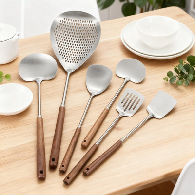 6-Piece Professional 304 Stainless Steel Kitchen Utensil Set With Wooden Handle, High Heat Resistant Slotted Spatula, Spoon And Ladle For Cooking And Baking