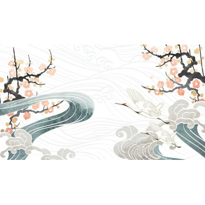 Japanese Crane Cherry Blossom Oriental Wave Wall Mural