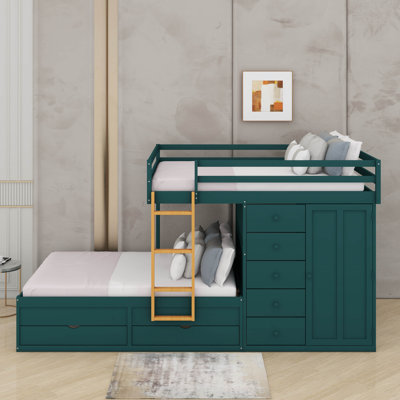 Bunk Bed With 2 Large Drawers & 5 Small Drawers, Wood Bunk Bed With Small Wardrobe
