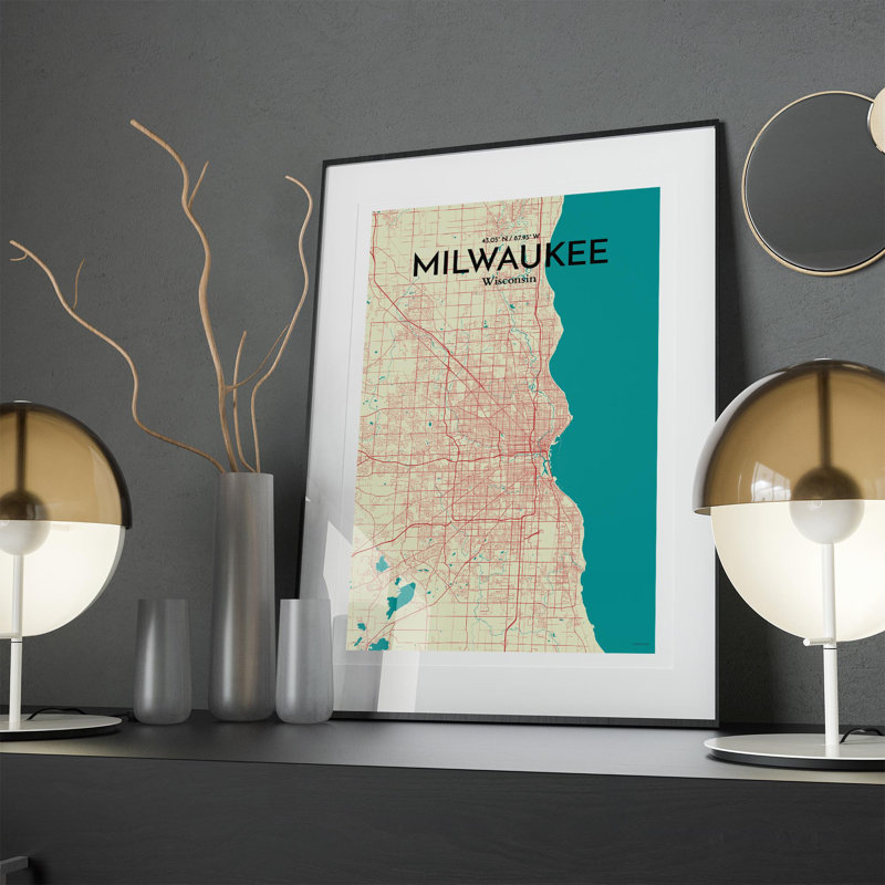 «Milwaukee City Map», impression d'art graphique sans cadre, H 17 po x l 11 po x P 0,05 po