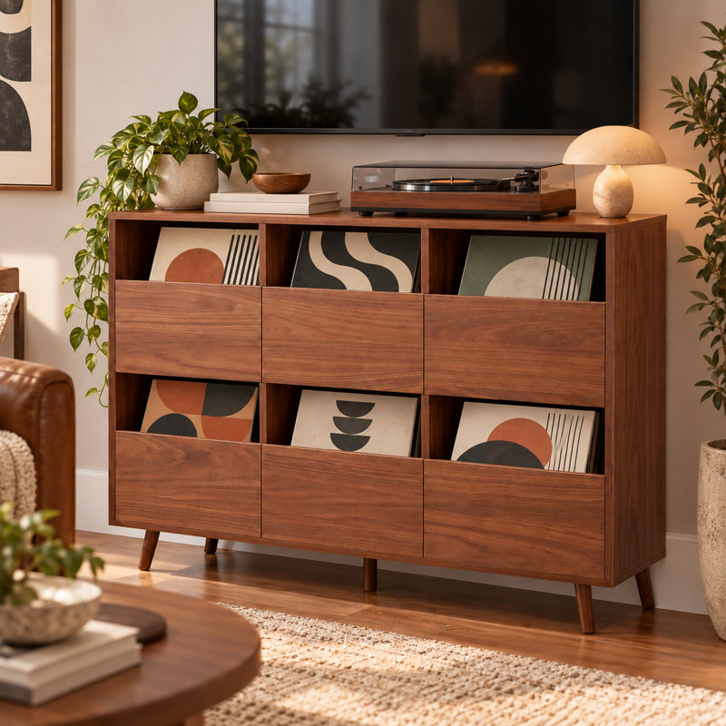 47 Inch Record Player Stand with 6 Open Vinyl Storage Compartments