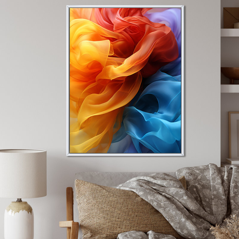 Reproduction d'art sur toile jaune, rouge et bleu, Cadre flottant blanc, H 20 po x l 12 po x P 1 po