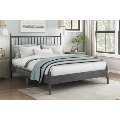 Grand lit gris Mid-Century moderne, tête de lit à lattes en bois, aucun sommier requis pour le confort, couleur bois, lattes enchantées