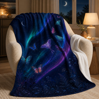 Aurora Butterfly Throw Blanket, Teal Purple and Pink Wings over a Moonlit Night Meadow for Sofa, Bed, Reading Nook and Relaxing Evenings at Home, 40 x 50 in