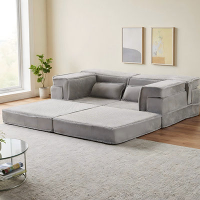 Modular Mahjong Sofa with Memory Foam, Convertible Floor Sofa Bed with Circle Fleece Fabric, DIY Boneless Loveseat for Living Room, No Assembly Required