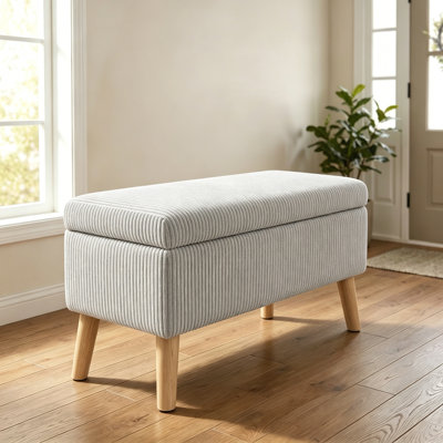 32 inch Wide Olive Beige Corduroy Storage Ottoman Bench with Wooden Legs, Flip-Top Storage Box, Soft Upholstered End of Bed Bench, Footrest & Shoe Bench for Bedroom, Living Room, Entryway