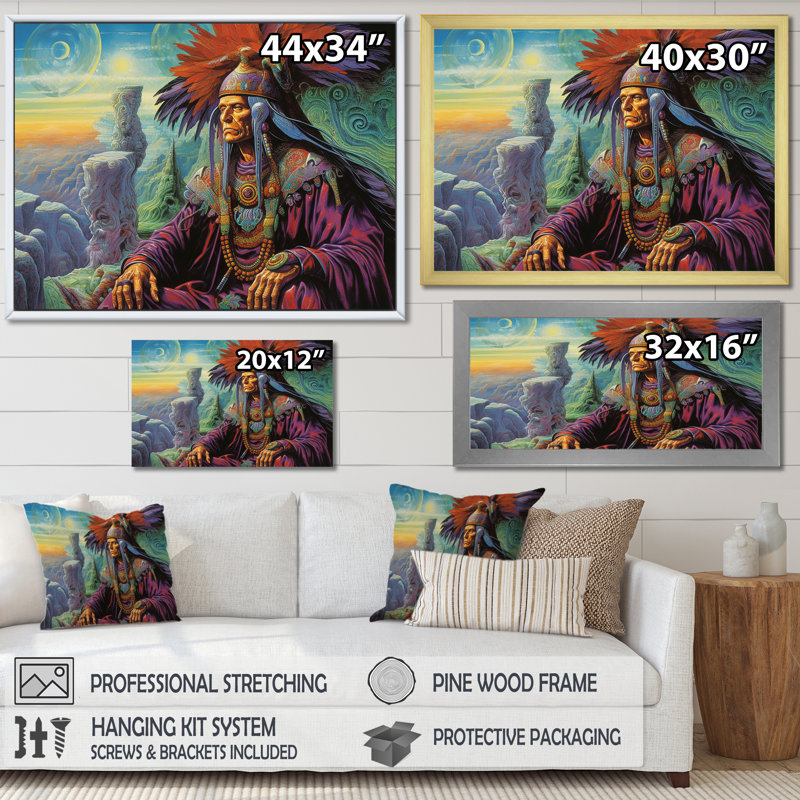 " Native Shaman Ancient Wisdom I ", White Single Picture Framed, 12" H x 20" W x 1" D