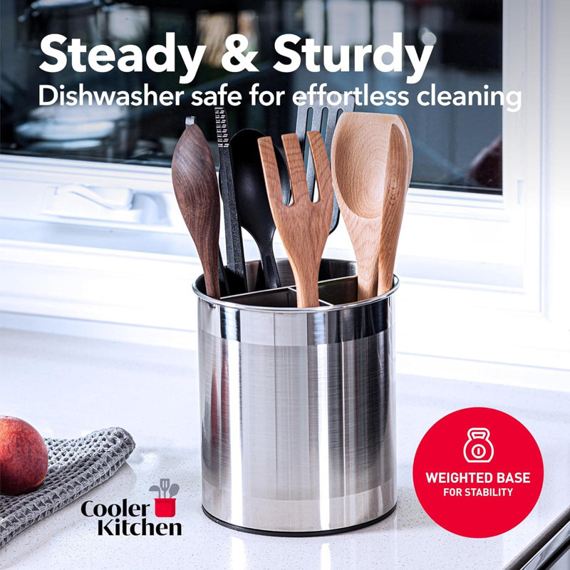 Rotating Extra Large Stainless Steel Utensil Holder (with Weighted Base, Removable Divider, Gripped Insert, Dishwasher Safe)