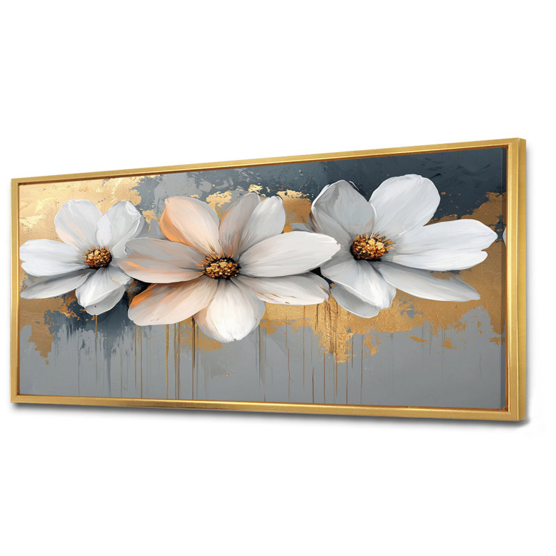 Golden Chrysanthemums Pure Form II - Chrysanthemums, art mural, H 28 po x l 60 po, Cadre flottant, Doré