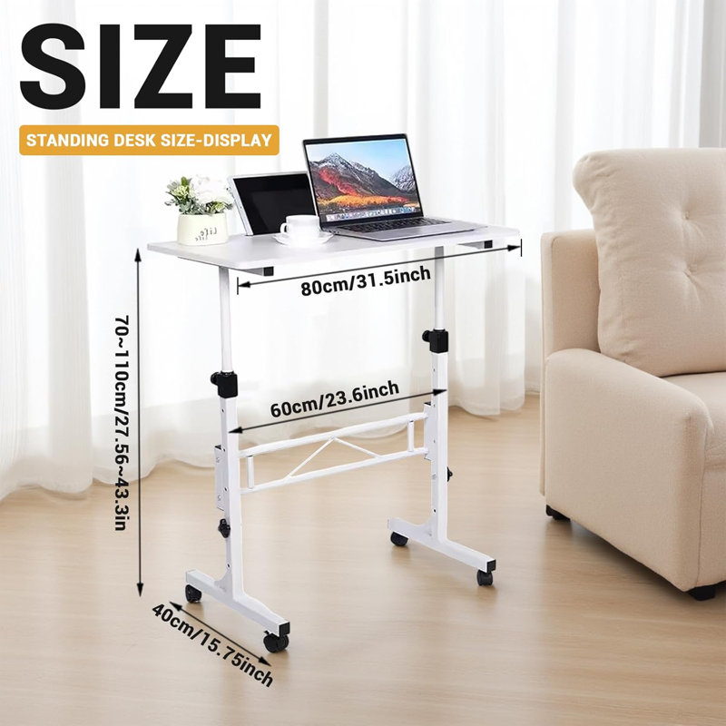 Moblie Standing Desk, Height Adjustable Sit Stand Table, Rolling Table Standing Desk Computer Workstations Pottable for Home Office, White