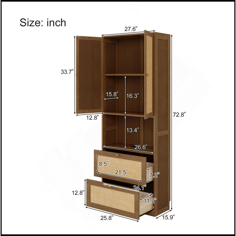 Bibliothèque 2 portes avec port USB et 2 tiroirs avec tablettes latérales, noyer, Noyer