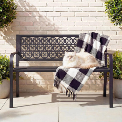 44" Outdoor Garden Bench, Iron Metal Frame Patio Bench With Backrest Armrests, Weatherproof Anti-Rust Outdoor Bench For Front Porch, Park, Yard, Patio (Black)