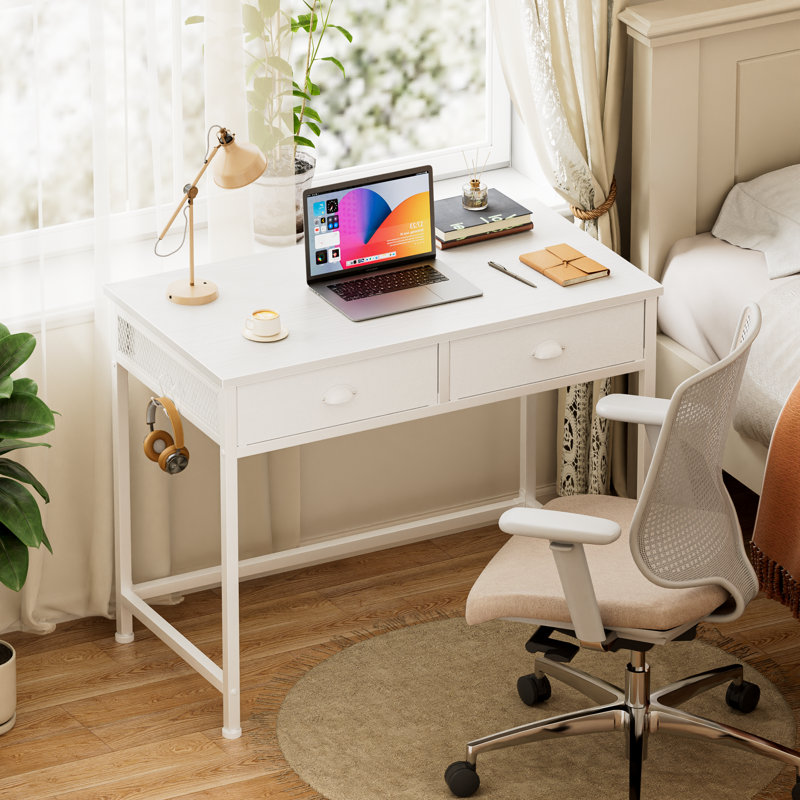Rececca Writing Desk 35 in. Computer Desk with 2 Fabric Drawers Hooks Vanity Desk for Home Office, White