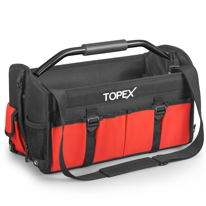  Sac à outils de 16 pouces, organisateur multi-poches, sac fourre-tout à large ouverture avec bandoulière réglable, poignée en acier rotative et pliable