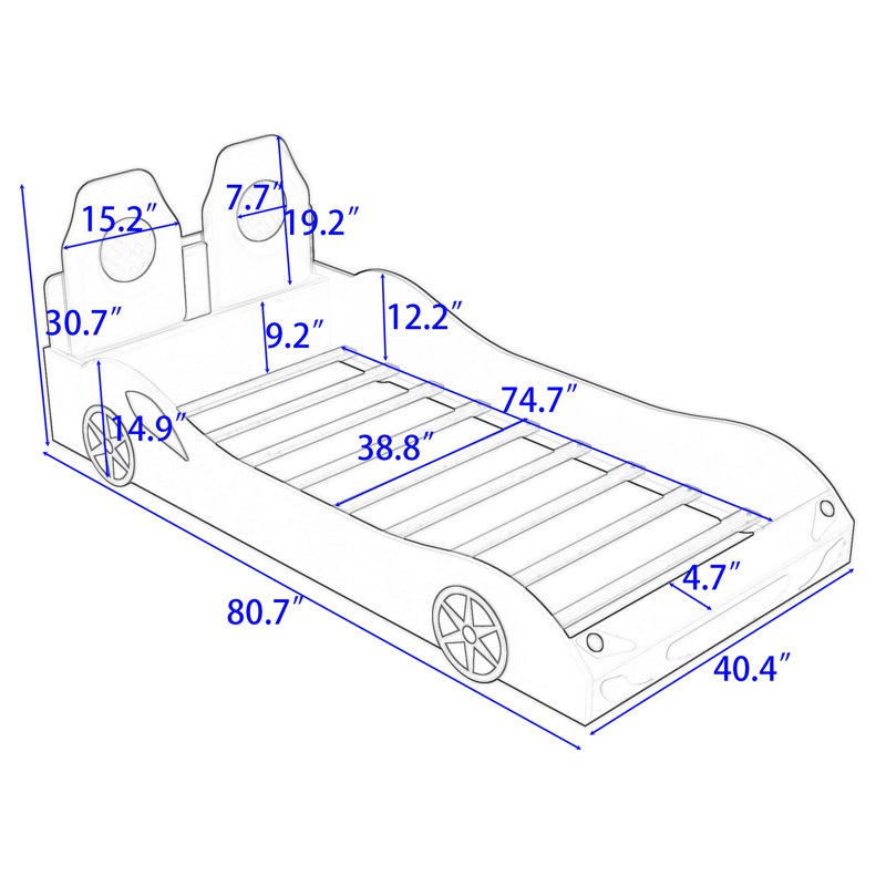 Katerinne Twin Size Platform Bed Stylish Racecar Design with LED Lights, Upholstered Backrest, Blue