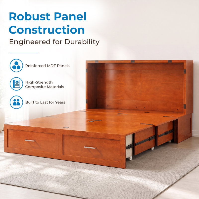 Modern Queen Murphy Cabinet Bed with Storage Drawer and USB Charging Station For Bedroom,Guest Room, Brown