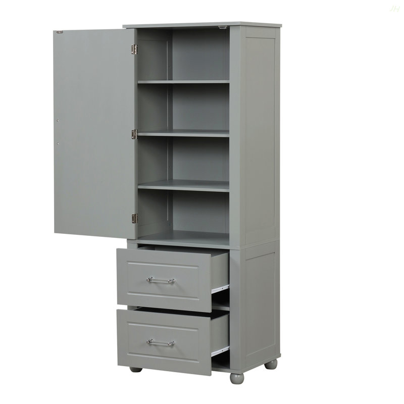 Grande armoire de rangement pour salle de bain, armoire de rangement autoportante avec deux tiroirs et tablette réglable, panneau de fibres à densité moyenne avec finition peinte