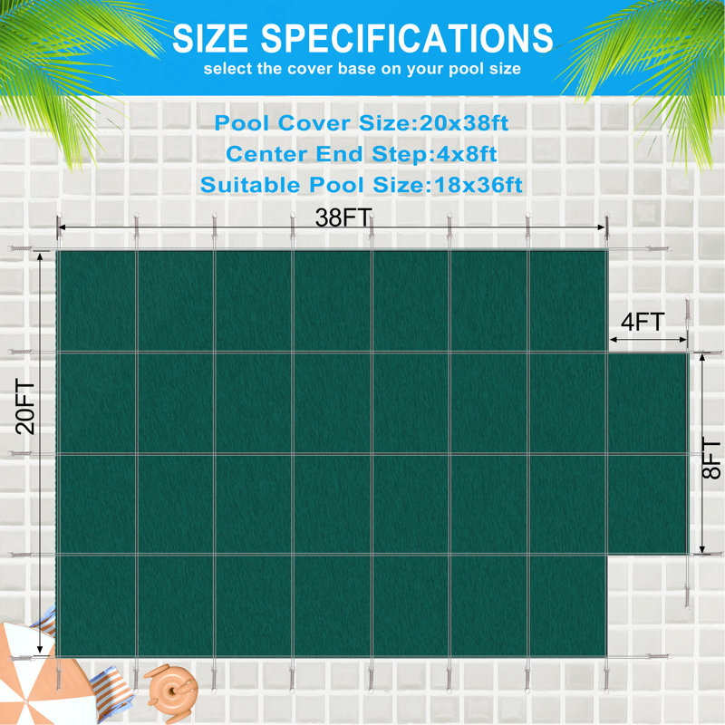 Couverture de sécurité rectangulaire pour piscine creusée 18 'x 36' avec marche centrale 4 'x 8', filet en PP haute résistance avec quincaillerie, filet vert