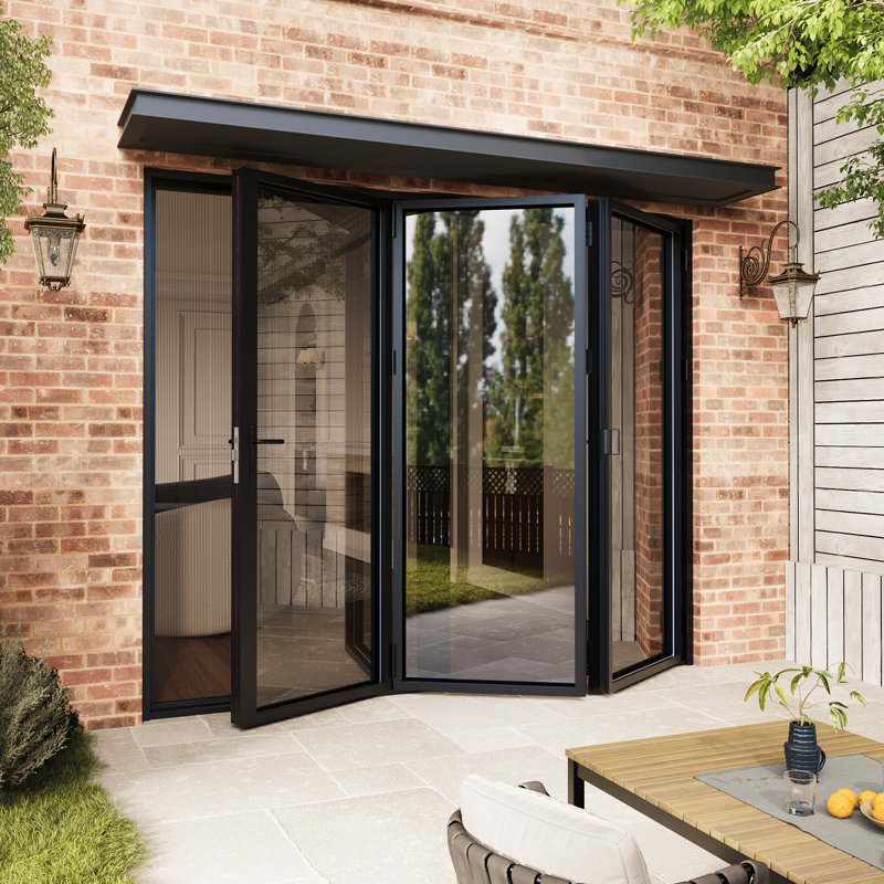 Porte de patio pliante en aluminium noire pliante à droite 96 po x H 80 po (3 + 0) avec 𝗥𝗲𝘁𝗿𝗮𝗰𝘁𝗮𝗯𝗹𝗲 𝗦𝗰𝗿𝗲𝗲𝗻 