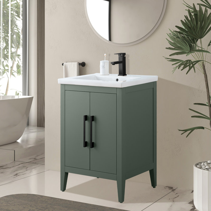 Meuble-lavabo simple 24 po avec plateau en céramique Chambery, Vert rétro, Noir mat, H 34,25 po x l 24,4 po x P 18,5 po