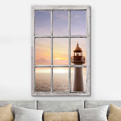 Wi Nature Scene " Window View Ocean Lighthouse At Dawn Sunrise "
