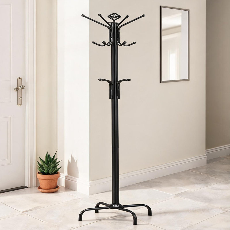 Portemanteau en métal de 73 pouces de hauteur avec finition noire classique et trois niveaux de crochets, pratique pour les vestibules et les vestiaires