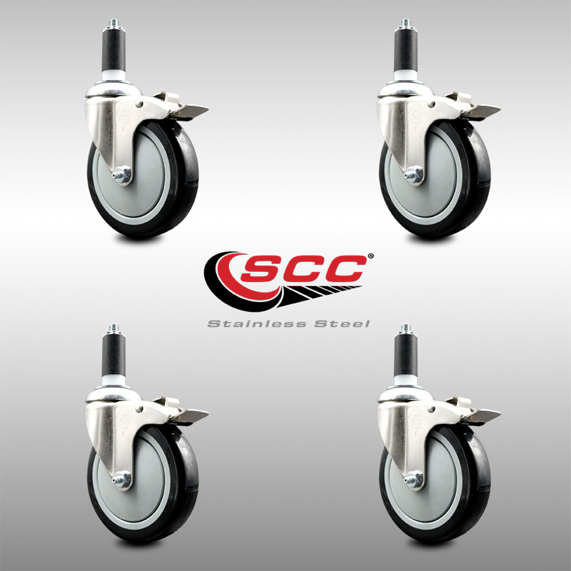 Poly Swivel Expanding Stem Caster Set Lock Brake, Black, 5" H x 5" W
