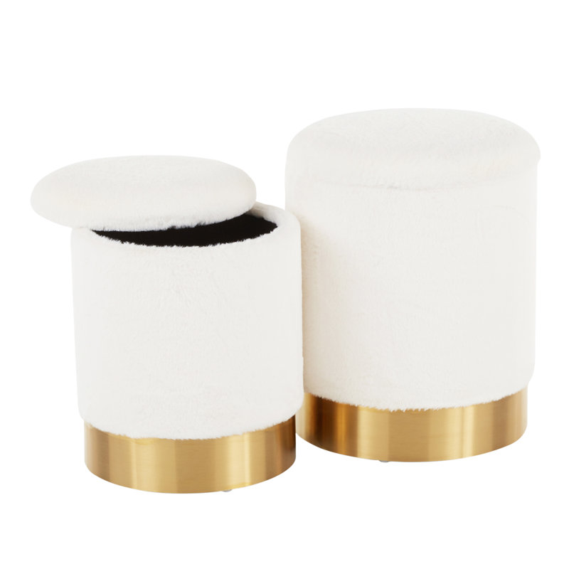Marla Contemporary Nesting Ottoman Set In Gold Metal And Cream Plush Fabric By Lumisource, Cream Fabric