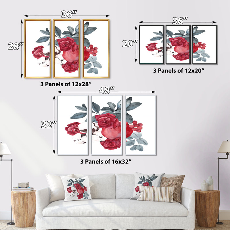 Bouquet de fleurs de Noël avec baies - reproduction de cadre flottant 3 pièces sur toile, H 28 po x l 36 po x P 1 po