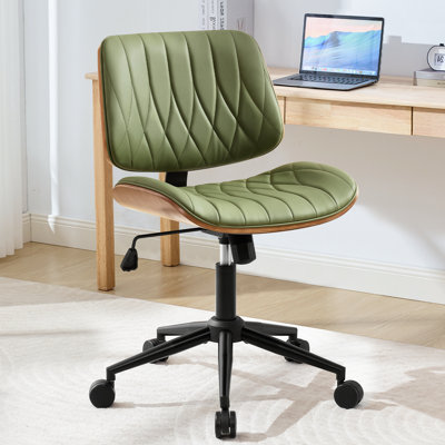  Armless Desk Chair, Modern Office Chair no Arms, Vanity Chair, PU Leather Computer Task Chairs, Ergonomic Desk Chairs for Home Small Space, Dorm, Swivel with Wheels, Mid Century Style, Green