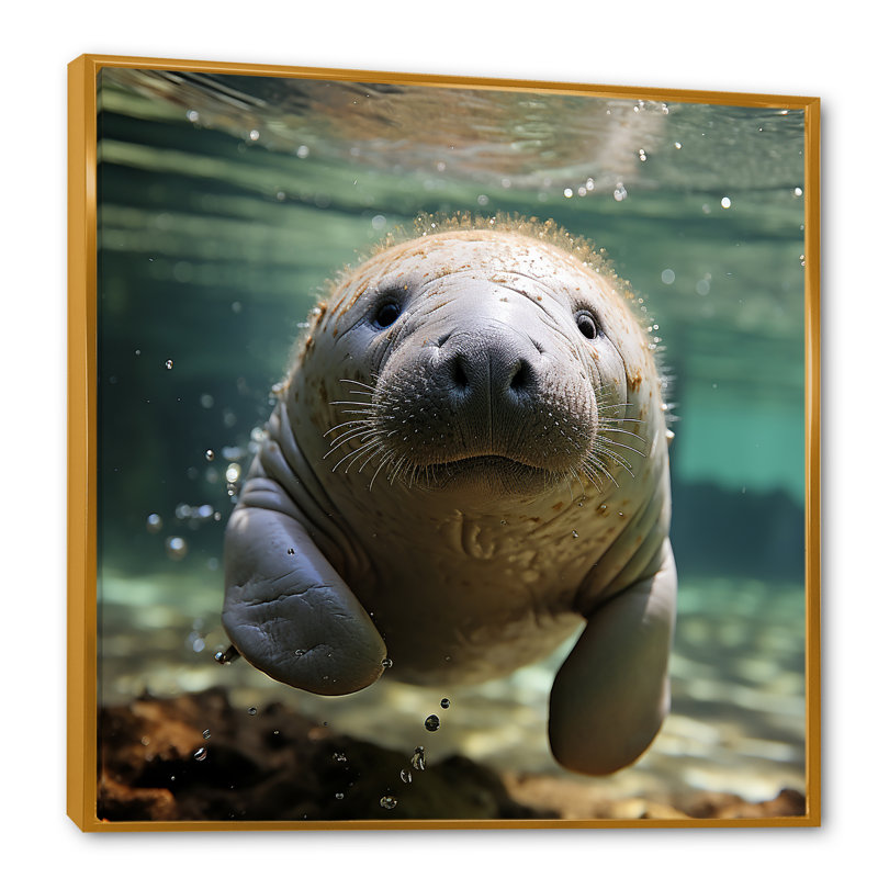 Curious Manatee Gaze II - Lamantin, art mural, H 30 po x l 30 po x P 1,5 po, Cadre flottant doré