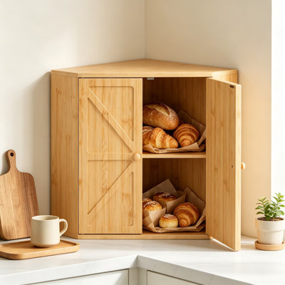 Corner Bread Box for Kitchen Counter, Double Layer Bamboo Bread Storage Container, Large Capacity Farmhouse Breadbox Organizer with Magnetic Door