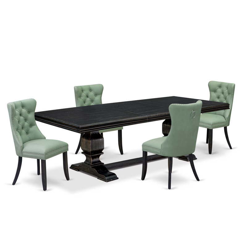 Cet ensemble de salle à manger moderne 5 pièces comprend une table de cuisine rectangulaire et 4 chaises en tissu de polyester vert saule, noir sablé