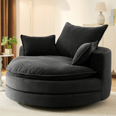 Très grande chaise pivotante ronde sur 360 avec coussin double couche, coussin de soutien, revêtement en velours côtelé, taille 57,5 po, pour système de coussin de bureau et de salon de chambre à coucher, base lisse, dimension noire, parfait