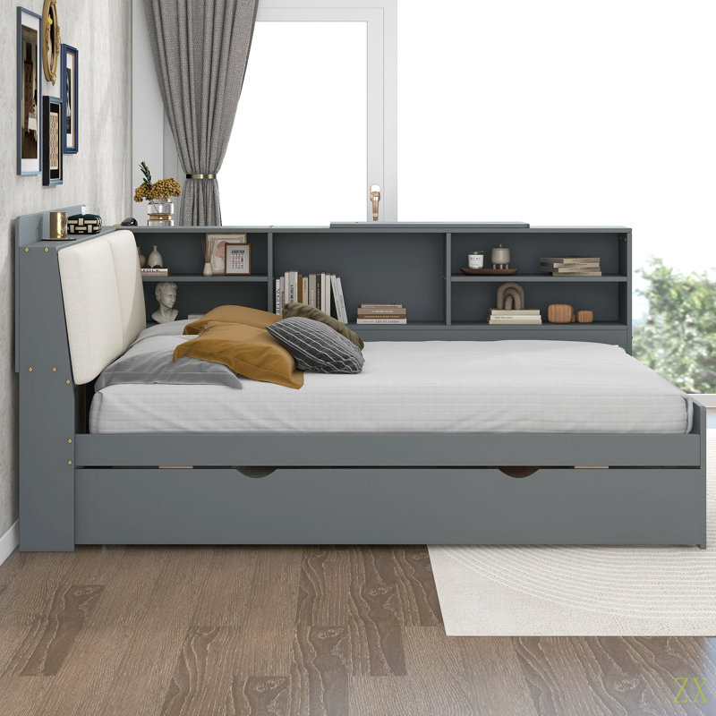Lit plateforme en bois avec lit gigogne, tablettes et tête de lit avec rangement, Gris