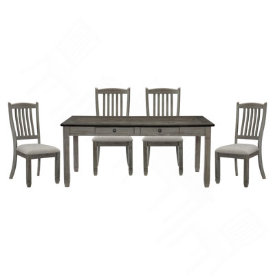 Ensemble de salle à manger 5 pièces gris antique avec 6 tiroirs et 4 chaises d'appoint de style campagnard décontracté