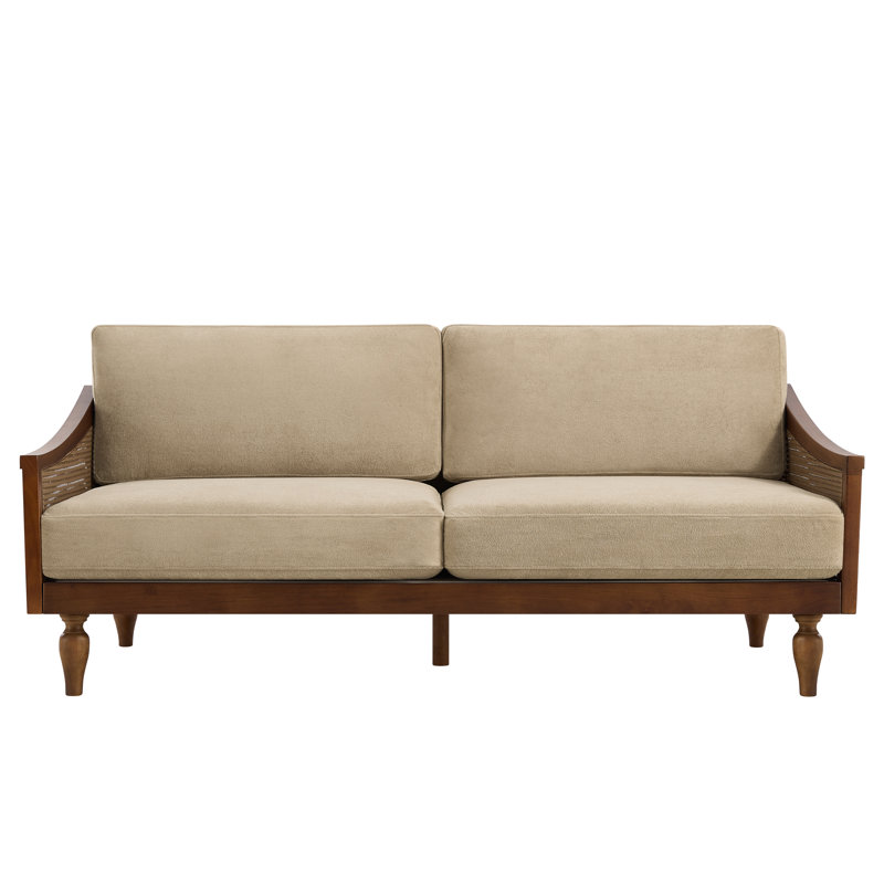 Canapé Elara Mid-Century moderne en bois d'hévéa avec accoudoirs en rotin PE, Light Brown