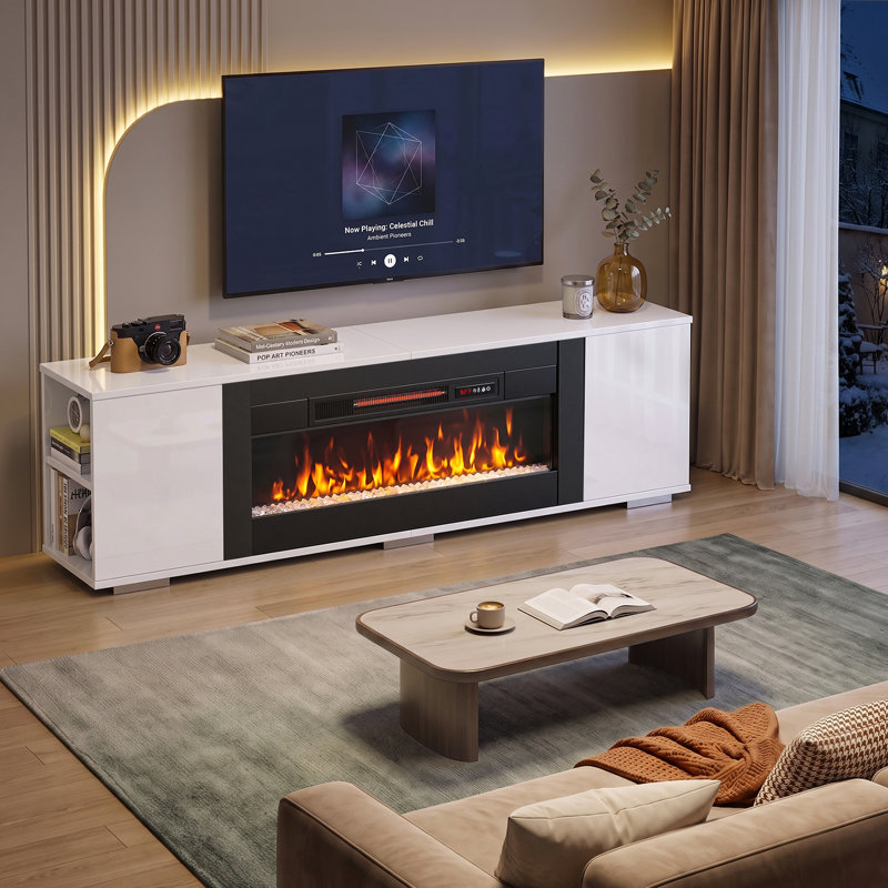 Meuble télé de 70 po avec foyer électrique, console télé avec flamme 3D de 36 po, chauffage 1500 W, étagères réglables et placards de rangement, compatible avec les téléviseurs jusqu'à 75 pouces, blanc