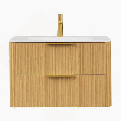 Meuble-lavabo de 30 po avec lavabo, armoire de rangement flottante en contreplaqué ultra rayé avec tiroirs, lavabo intégré en pierre frittée blanche Carrara, pré-assemblé,