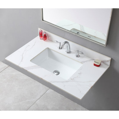 37" Gold Sintered Stone Bathroom Vanity Top, Undermount Ceramic Rectangle Sink, 3 Faucet Holes & Backsplash Included