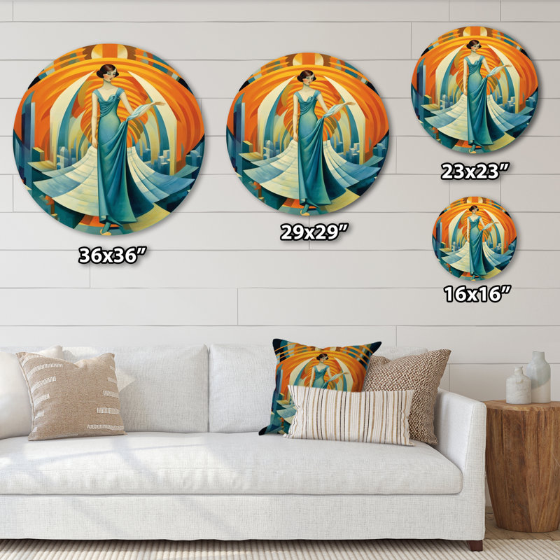 Art déco cosmopolite gracieuse danseuse en bleu - mode ronde en métal, H 29 po x l 29 po