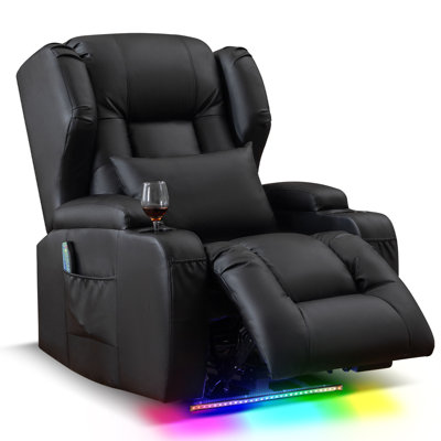 Aguilera 31.5" Wide Faux Leather Heated Power Recliner Massage Home Theater Individual Seat with Cup Holder
