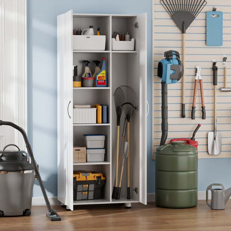 Asymmetrical Storage Cabinet With Adjustable Shelves And Utility Compartment