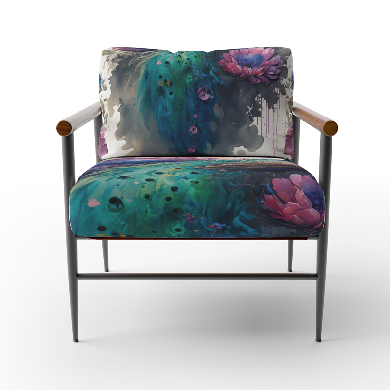 Cute Peacock Floral Art I - Velvet Upholstered Glam Arm Chair, Peacock Art Accent Chair, Black